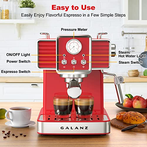 Galanz Retro Espresso Machine With Milk Frother, 15 Bar Pump Professional Cappuccino And Latte Machine, 1.5L Removable Water Tank, Retro Red, 1350 W #TOP3