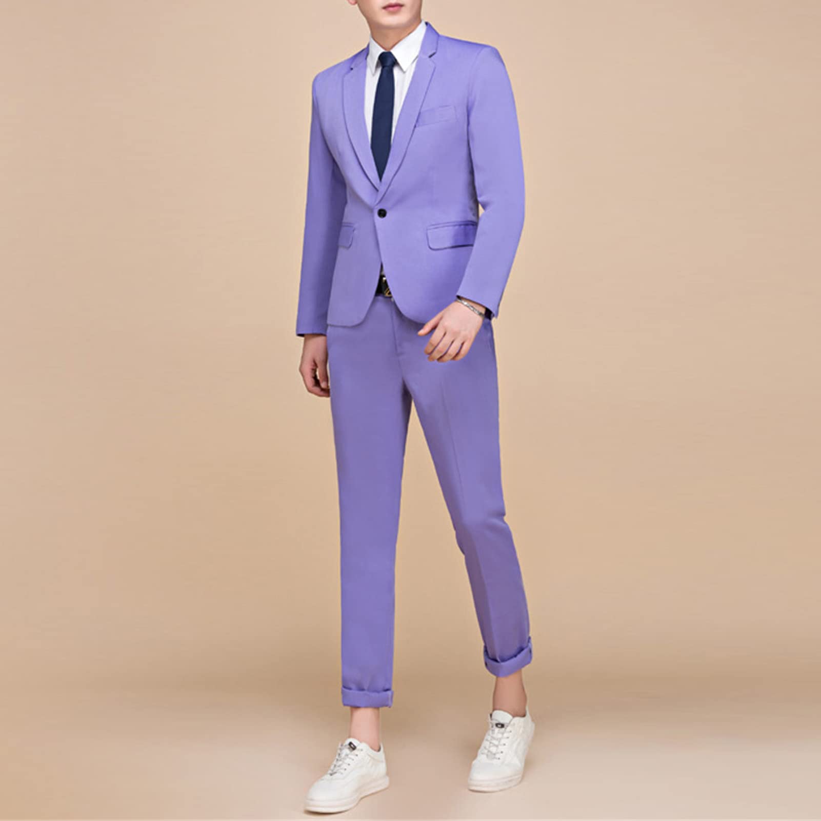 Men's Slim Fit 2 Pieces Suit One Button Solid Formal Blazer & Pants Single Breasted Prom Wedding Tuxedo Set (Purple,X-Large)