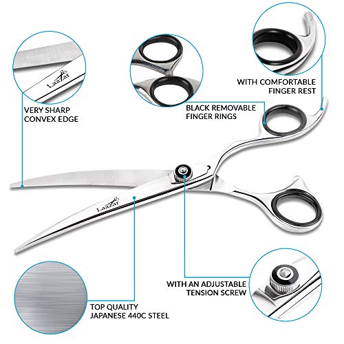 Image of Laazar Professional 7.5 inch Curved Shears for Dogs and Cats | Tension Adjustable Pet Grooming Scissors | 440C Japanese Stainless Steel | Groomers Tool for Men and Woman Leather case Included