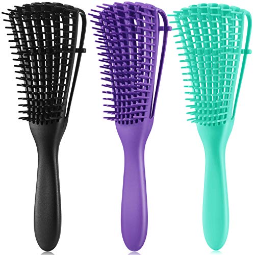 3 Pieces Detangling Brush Afro Textured 3a to 4c Kinky Wavy Vented Hair Detangler Brush for Wet /Dry/ Long Thick Curly Hair (Green, Purple, Black)