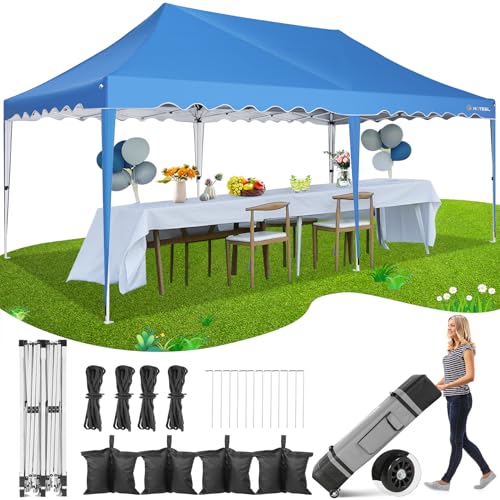 Image of HOTEEL 10x20 Pop Up Canopy Tent, Easy Up Outdoor Party Tent with Wheeled Bag & Curled Edge, Canopy Event Tents for Parties, Wedding, Backyard, Camping, Blue