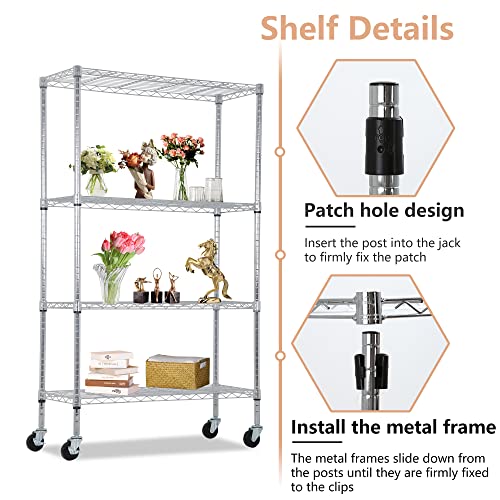 Image of BestOffice | 4-Tier Wire Storage Shelves with Wheels | 36x14x62 | Chrome | Adjustable Racks | Heavy-Duty Metal Shelf, Holds Upto 500 lbs | No-Tool Assembly | Ideal for Home & Garage Shelving