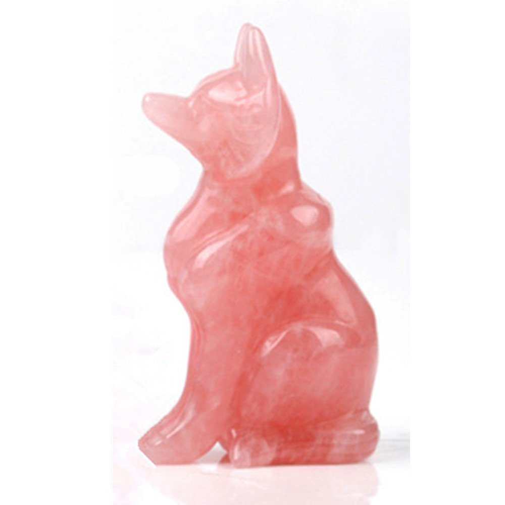 AITELEI Natural Hand Carved Pink Rose Quartz Fox Statue Charm Good Luck Grouding Stone Protection for Home Decora