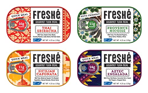 Freshé Gourmet Canned Tuna Variety Pack (4 Pack) Healthy High-Protein Skipjack Fish & Ready-to-Eat Meal – All-Natural, Non-GMO, Wild-Caught Tuna – Gluten Free Diet Friendly