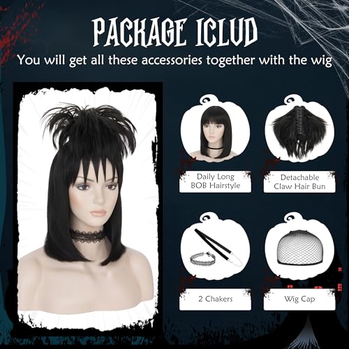 Image of S-noilite Lydia Deetz Wig, Black Ghost Bride Costume Wig and Detachable Bun with Chocker for Women's Halloween Cosplay Party 16 inch