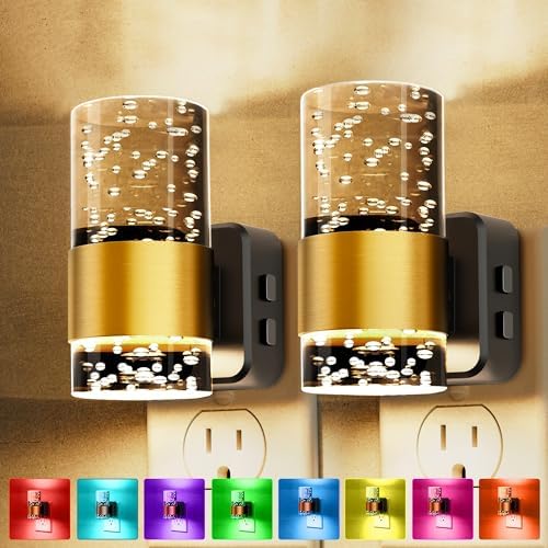 Night Lights Plug into Wall, Color Changing Night Light with Rotatable Plug, Dusk to Dawn Light Sensor and Adjustable Brightness, Elegant Design Night Light for Kids Bedroom,Bathroom, 2 Pack