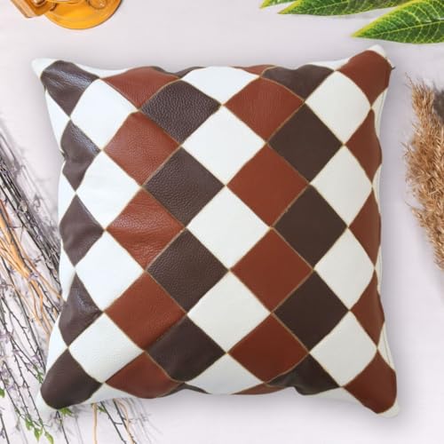 Barrio Rico Leather Pillow Cover 18x18 – Patchwork Cowhide Cushion in Brown, Tan & White – Decorative Throw Pillow Cover for Couch, Sofa or Bed – Genuine Real Leather