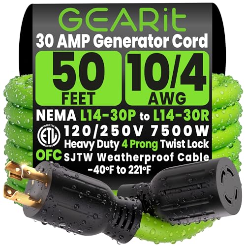 GEARit 30 Amp Generator Cord 50 Ft, NEMA L14-30 Extension Cord, 10/4 SJTW 30amp Generator Extension Cord, 120/250V 7500W Heavy Duty 4 Prong Twist Lock for Manual Transfer Switch & Portable Generator