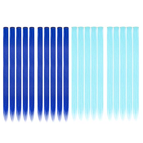 Blue Hair Extensions-10 Pcs Hair Extensions for Kids Highlight Synthetic Hair Extensions Blue Colors Extensions Colorful Party Hair Pieces for Kids Girls Women Clip in Blue Hair Extensions