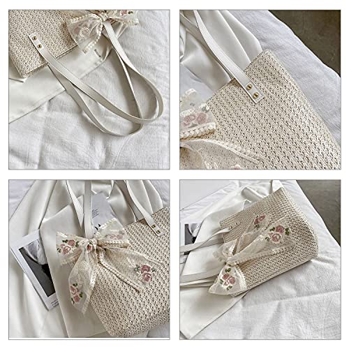 Women Large Straw Beach Tote Bag Summer Hand-woven Bags Shoulder Bag Leather Handle Beach Handbags with Cute Lace Bow Small (White)3