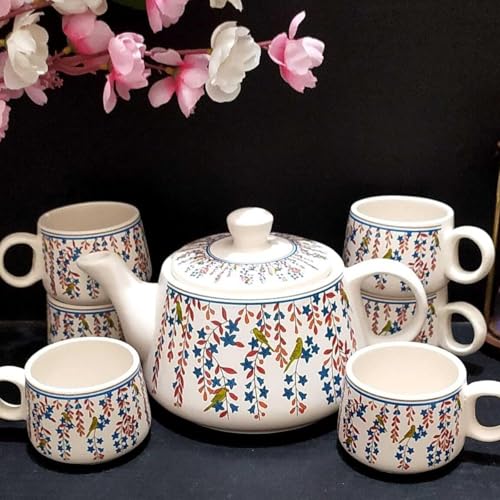 Image of DMRD MART-Handcrafted Ceramic Stag 7PC Tea Cup Set with Kettle Safe 6 Cups 1 Kettle | Tea Pot Set 1000ml Ceramic Porcelain Cup Set of 6 Perfect for Serving Coffee Green. (Leaf 7pc)