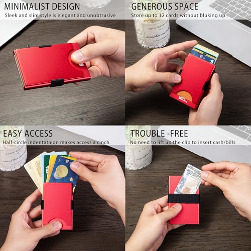 Image of Slim Card Holder Wallet for Men, Minimalist RFID Blocking Pop Up Wallet, Smart Metal Business Card Case Holds 12 Cards, Ultra-Thin Front Pocket Wallet, Gifts for Men