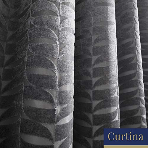 Curtina Eyelet Curtains, Luxury Dark Silver Jacquard Drapes, 117 x 137cm (46" x 54"), Geometric Leaf Design - Image 2