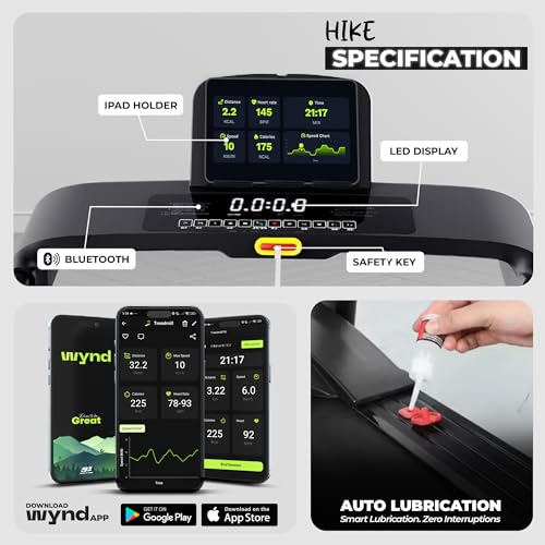 Image of Hike | 6 HP Peak BLDC Motorized Treadmill | 25 Level Auto Incline |Max Speed 18 Km /Hr | Max User Weight 150 Kg | Shock Absorption Technology| Bluetooth Speaker | Wynd app |Home use