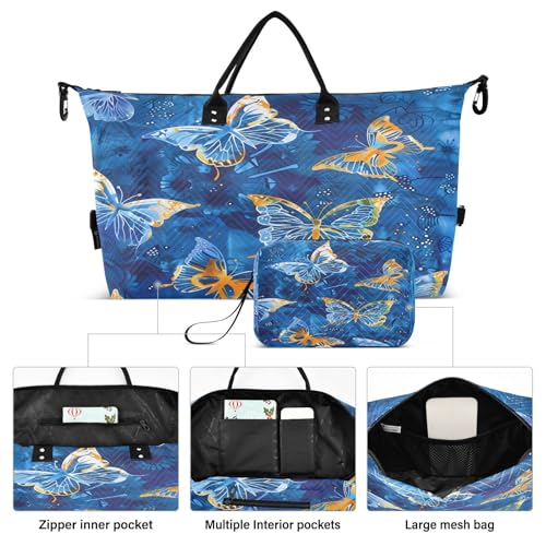 Butterfly Painting Blue Large Travel Duffle Bag Weekender Overnight Bags Gym Yoga Bag for Women Men with Toiletry Bag2