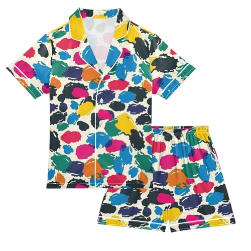 Colorful Graffiti Print Summer Satin Pajama Set, Cute Button-Down Sleepwear Pj Set for Sleep Wears