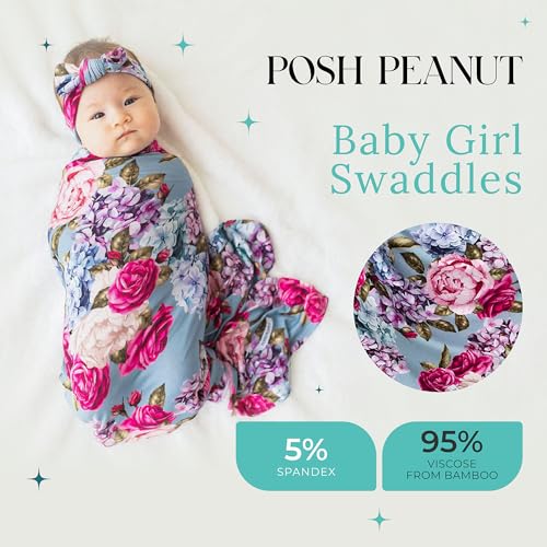Image of Posh Peanut Swaddle Blanket & Headband Set - Viscose from Bamboo Stretchy Baby Swaddle for Newborn Girls, Receiving Blanket or Nursing Cover (Lacey)