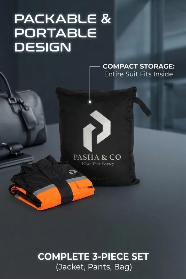 PASHA & CO Herren Regenanzug Wasserdicht Motorrad Regenjacke & Regenhose mit Tasche – Reflektierende Motorrad Regenbekleidung, Winddicht & Atmungsaktiv für Motorrad, Roller, Fahrrad & Outdoor