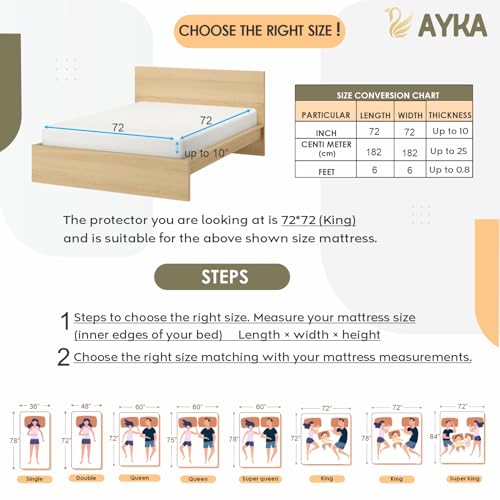 Image of Ayka 100% Waterproof Cotton Terry Mattress Protector King Size Breathable Hypoallergenic Noiseless Ultra Soft Fitted Bed Protector 72x72 inch Mattress /Bed Cover (King 72 * 72 | 6x6 ft, White)
