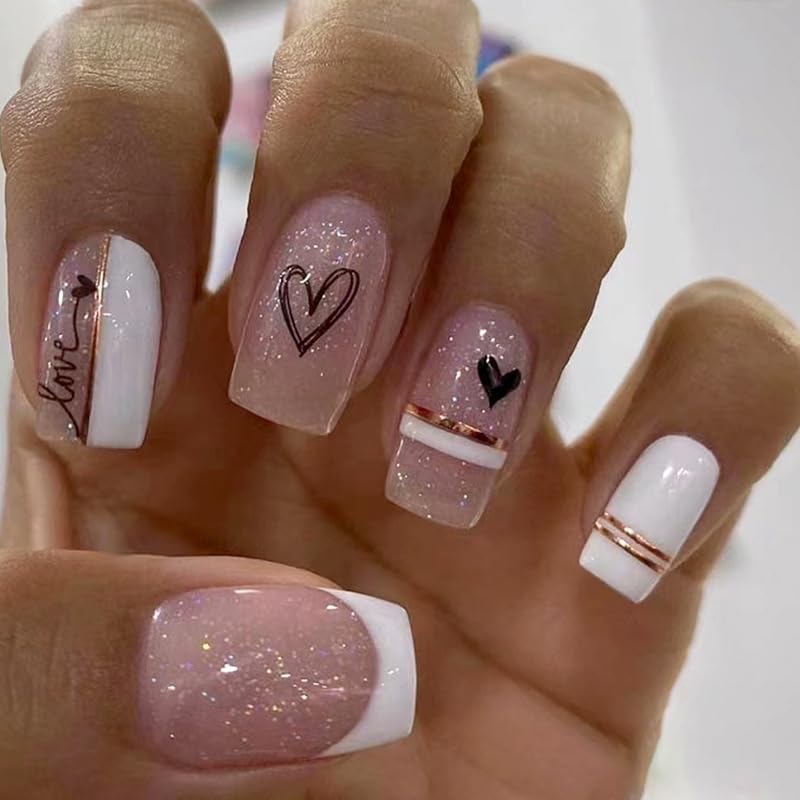 Pink Press on Nails Short False Nails French Tip Nails Square Acrylic Nails Heart Design Glue on Nails for Women 24pcs