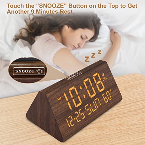 Image of DreamSky Digital Alarm Clock for Bedrooms - Wooden Desk Clock with Date | Day of Week, USB Port, Temperature, Dimmer for Bedside Table, Living Room, Office, Adjustable Volume, Auto DST, Wood Decor