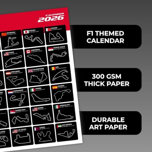 Image of F1 Calendar 2026 Poster | A3 Sized (42 x 29 cm) Formula 1 Race Poster | F1 Race-Calendar 2026 Posters for Wall | F1 Tracks Wall Decor | Monza, Monaco, Suzuka, Silverstone Track Room Decor Framed