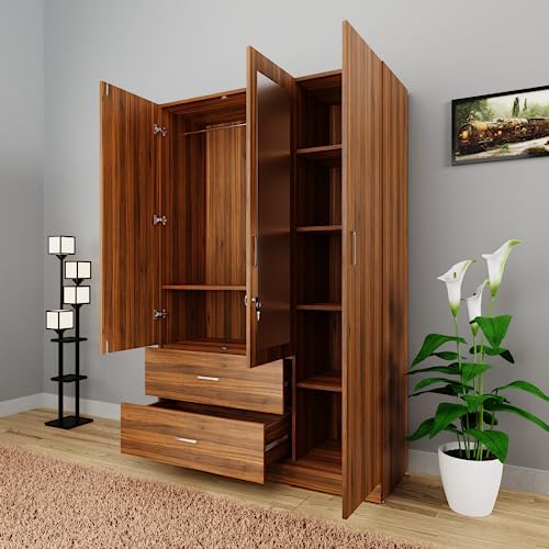 Image of VIKI Wardrobe | Wooden Almirah for Clothes,Door for Bedroom, 3 Door Wardrobe with Drawer, Mirror & Hanging Space (Brussel Walnut - 40D x 120W x 180H) | 1 Year Warranty | Free Assembly