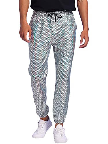 Lars Amadeus Sparkly Metallic Pants for Men's Drawstring Waist Nightclub Disco Shiny Sequin Joggers