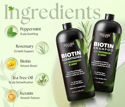 Image of SOULSPA PURE Biotin Rosemary Shampoo and Conditioner Set - Sulfate Free Scalp Care & Hair Strengthening for Thinning, Color-Treated Hair - Rosemary Oil for Men & Women - 16 fl oz Each