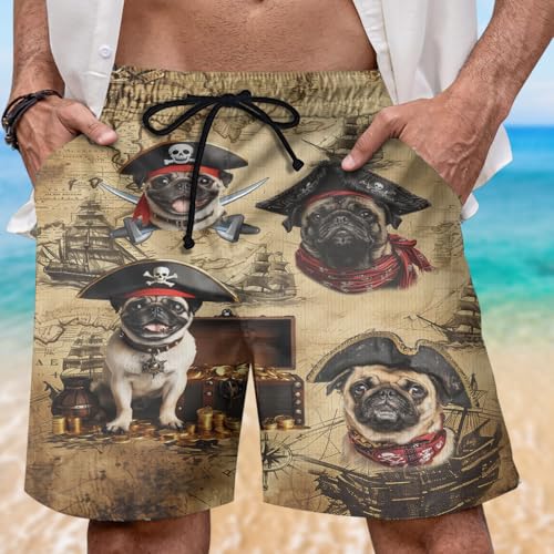 Pirate Dog Mens Swim Trunks - Treasure Hunt Hawaiian Mens Shorts Casual - Dog Summer Drawstring Beachwear Shorts2