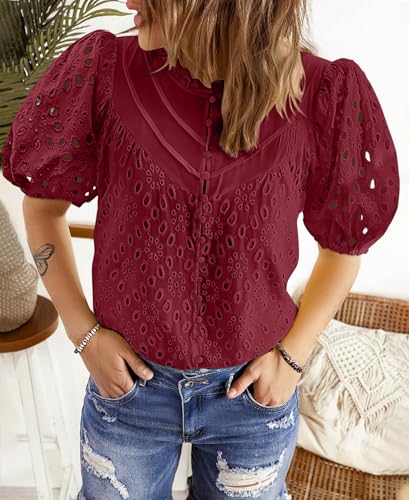 BETTE BOUTIK Women's Long Short Sleeve Tops 2025 Dressy Casual Button Hollow Out Lace Embroidered Blouses Shirts