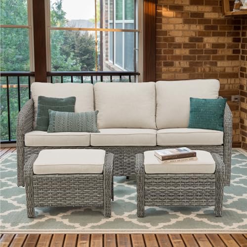 Belord Outdoor Patio Furniture Sofa Set - 3 Pieces PE Wicker Patio Furniture Section Couch with Multifunctional Ottoman, All-Weather Patio Conversation Set for Deck Balcony Garden Grey/Beige