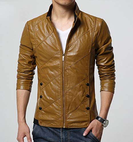 chouyatou Men's Cool Stylish Slim Fit Stand Collar Lightweight Bomber Faux Leather Jacket Coat3
