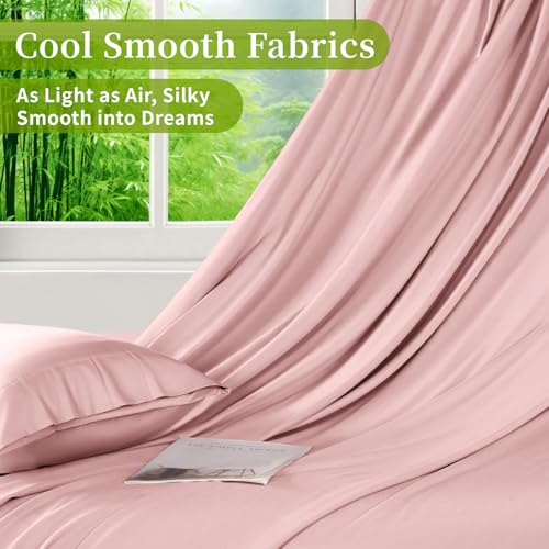 Shilucheng 100% Viscose Derived from Bamboo_ Sheets Queen Size 4pcs - Ultra Cooling & Silky Soft Bed Sheets, 16" Deep Pocket, Perfect for Hot Sleepers, Hotel Bedding Sheets (Light Pink)