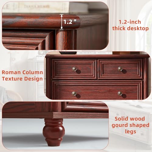 Farmhouse 6 Drawer Dresser Set of 2, Red Oak Chest of Drawers, 43.5" Tall Dressers for Bedroom with Roman Column and Metal Handles, Rustic Wood Storage Organizer for Living Room, Hallway, Closet