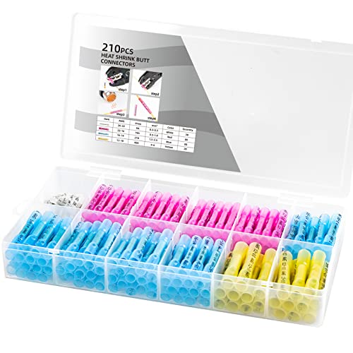 KF CPTEC 210PCS Heat Shrink Butt Connectors kit,Marine Grade Waterproof Wire Connectors Kit-Tinned Red Copper 1.0mm Insulated Electrical Crimp Connectors for Boat,Truck,Stereo,Joint