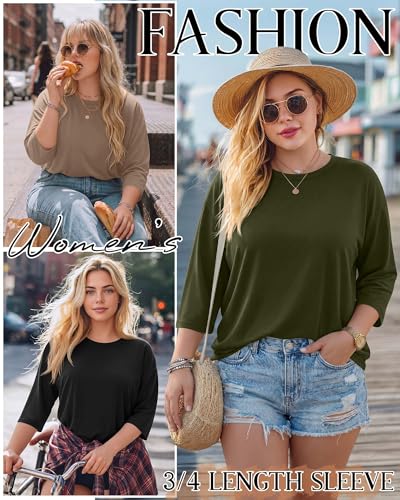Image of Locoowai 3 Pack Women Plus Size Tops 3 /4 Sleeve Cotton Crew Neck Oversized T Shirts Loose Fit Tee Tunic Casual Blouse