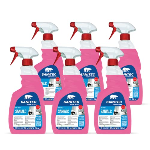 Sanitec, Sanialc, Detergente Universale, Profumato, a Base Alcolica per Pulire e Sgrassare Senza Risciacquare e Senza Lasciare Aloni, Asciuga Velocemente, 100% Made in Italy, 6 Flaconi 750 ml