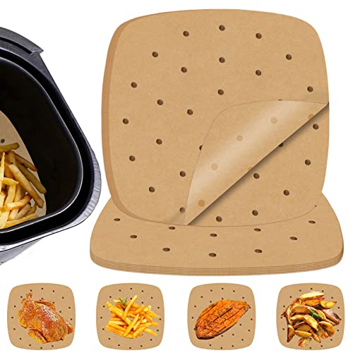 Numola 100 Pcs Air Fryer Liners Disposable Parchment Paper, 8 Inch Perforated Airfryer Sheets for Baking, Square Unbleached Non-Stick Steamer Liner for Oven, Microwave, Steaming Basket