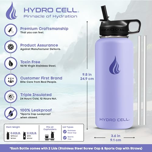 Image of HYDRO CELL Stainless Steel Insulated Water Bottle with Straw - For Cold & Hot Drinks - Metal Vacuum Flask with Screw Cap and Modern Leakproof Sport Thermos for Adults (Lilac 32oz)