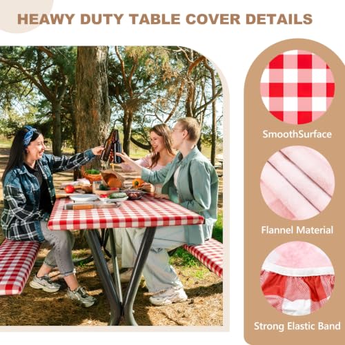 CHRORINE 3 Piece Set Fitted Picnic Table Cover Set with Bench Covers Water-Resistant Polyester Flannel Backing Picnic Table Cloth for 6ft Outdoor Camping Tables Fits 30x72 Inch (Red White) by CHRORINE - Used condition - Image 5