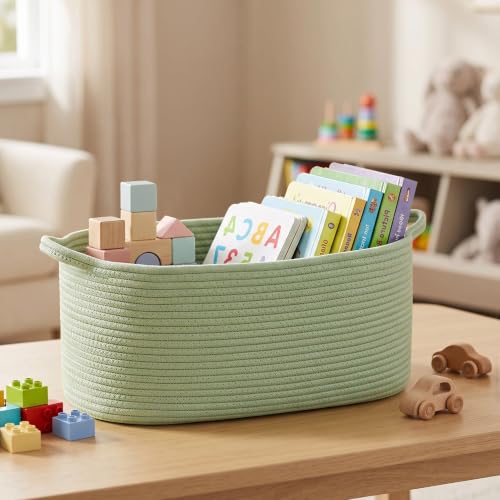 Image of Large Woven Gift Basket Empty, Green Cotton Rope Storage Bin, Dog Toy Box, Baby Nursery Organizer Bin, Decorative Big Shelf Basket, Blanket Storage, Room Decor, Sage Green, 19.6 inchx11 inchx7.8 inch