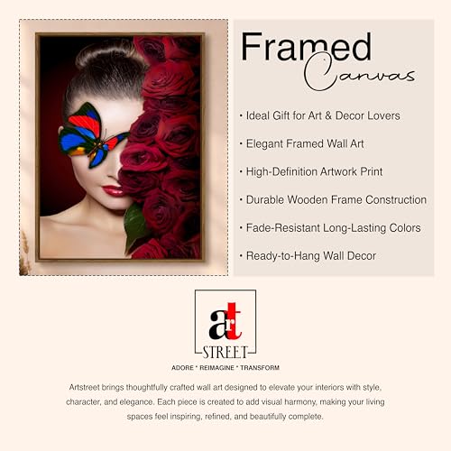 Image of Modern Rose Butterfly Woman Framed Canvas Painting For Living Room | Glamour Floral Wall Art For Livingroom Wall Decor, Home Decor, Bedroom, Hallway's, Office, Hotel - 43x58 cm