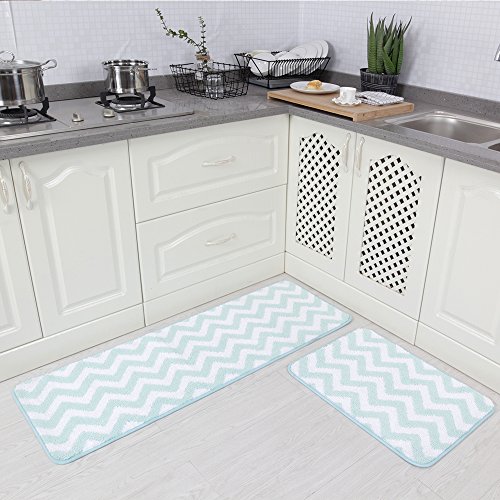 Carvapet 2 Pieces Microfiber Chevron Non-Slip Soft Kitchen Mat Bath Rug Doormat Runner Carpet Set, 17