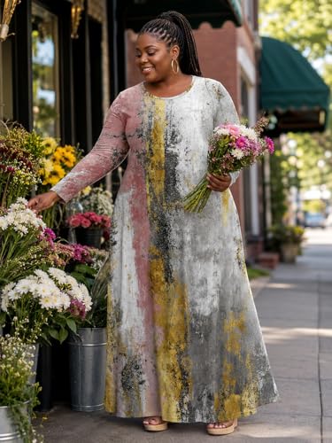 Image of PinkPatty Plus Size Maxi Dress for Curvy Women Crew Neck Long Sleeves Casual Dress Vacation Sundresses with Pockets