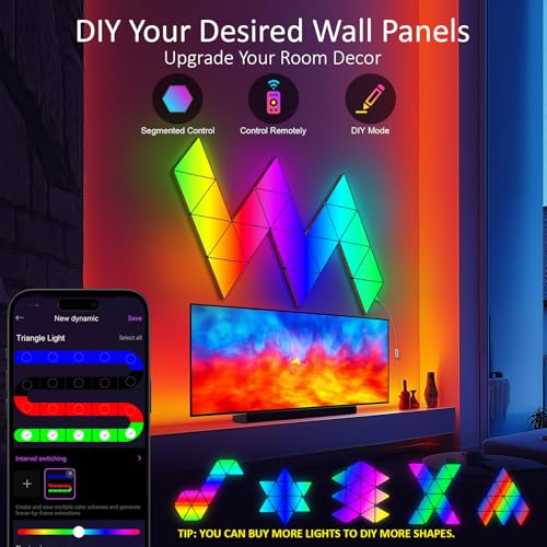 Image of 8 PCS Led Triangle Light Panels - Smart APP 6 inches Triangle RGB Gaming Lights with Music Sync Gaming Theme for Kids and Teens Room Playroom Decor