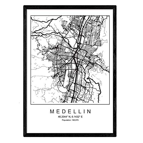 Nacnic Lámina Mapa de la Ciudad Medellin Estilo nordico en Blanco y Negro. Poster tamaño A3 Sin Marco Impreso Papel 250 gr. Cuadros, láminas y Posters para Salon y Dormitorio