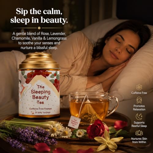 Image of Sancha Tea Boutique, Sleeping Beauty Tea, 25 Pyramid Tea Bags, Caffeine Free Herbal Tisane, Good for Bedtime and Sleep, Blend of Lavender /Chamomile /Vanilla /Rose