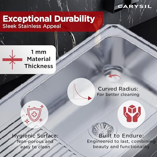 Image of Carysil VSG Pro 36 x 18 x 8 Inch 304-Grade Stainless Steel Kitchen Sink with Drainboard, Pressed Sink, Glossy Finish, Deep Bowl, Sloping Drain, Noise Reduction Padding, Anti-Condensation Coating