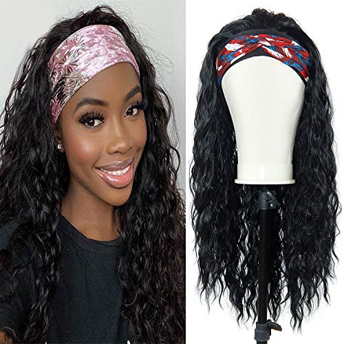 Wavy Curly Headband Wigs for Black Women Long Water Wave Headband Wigs,Synthetic Long Deep Curly Wigs with Headband, Natural Looking Daily Party Wigs (1B#, 24inch)